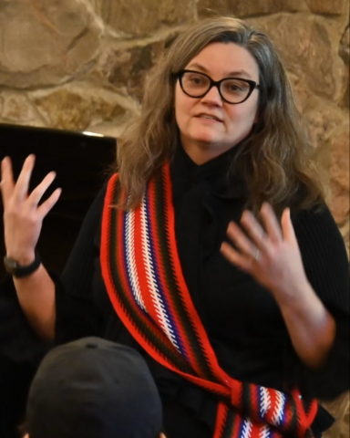 Karen Sunabacka speaking in chapel service
