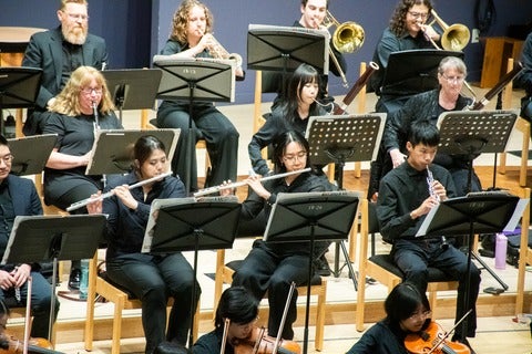 Orchestra members playing a concert 