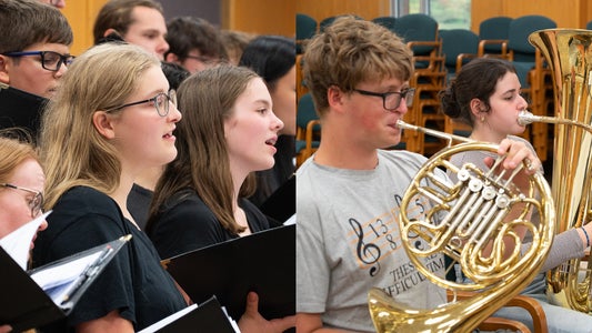 two portraits of campers one singing one playing an instrument