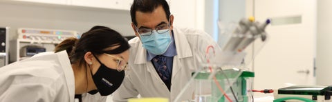 Nanotechnology student and professor teaching in lab