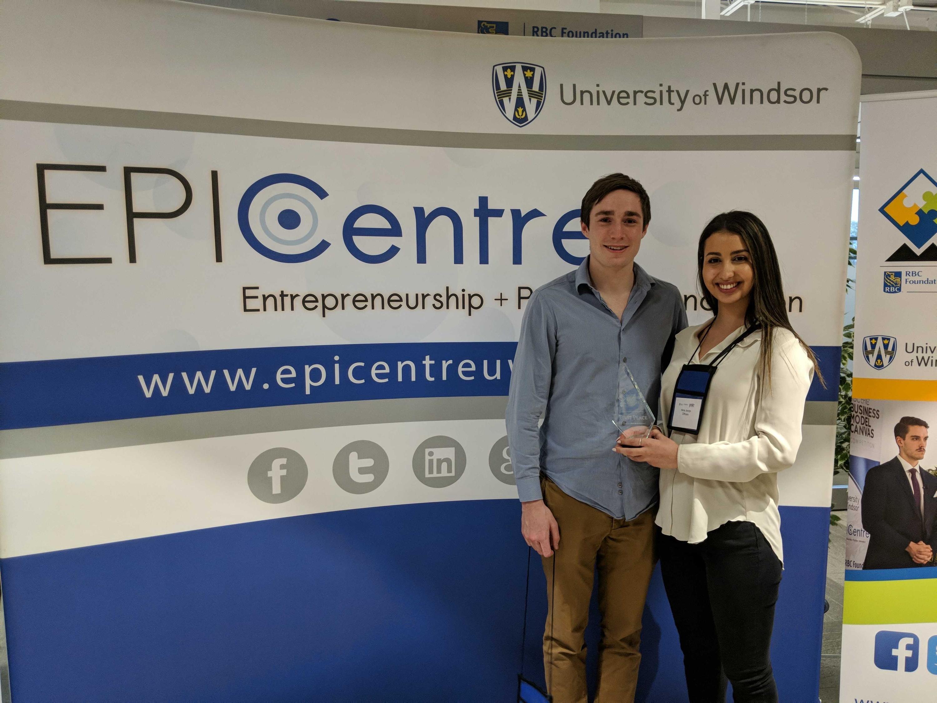 James Oswald and Nina Jeorje from Diffusiv, display their first-place RBC EPIC Business Model Canvas Competition trophy.