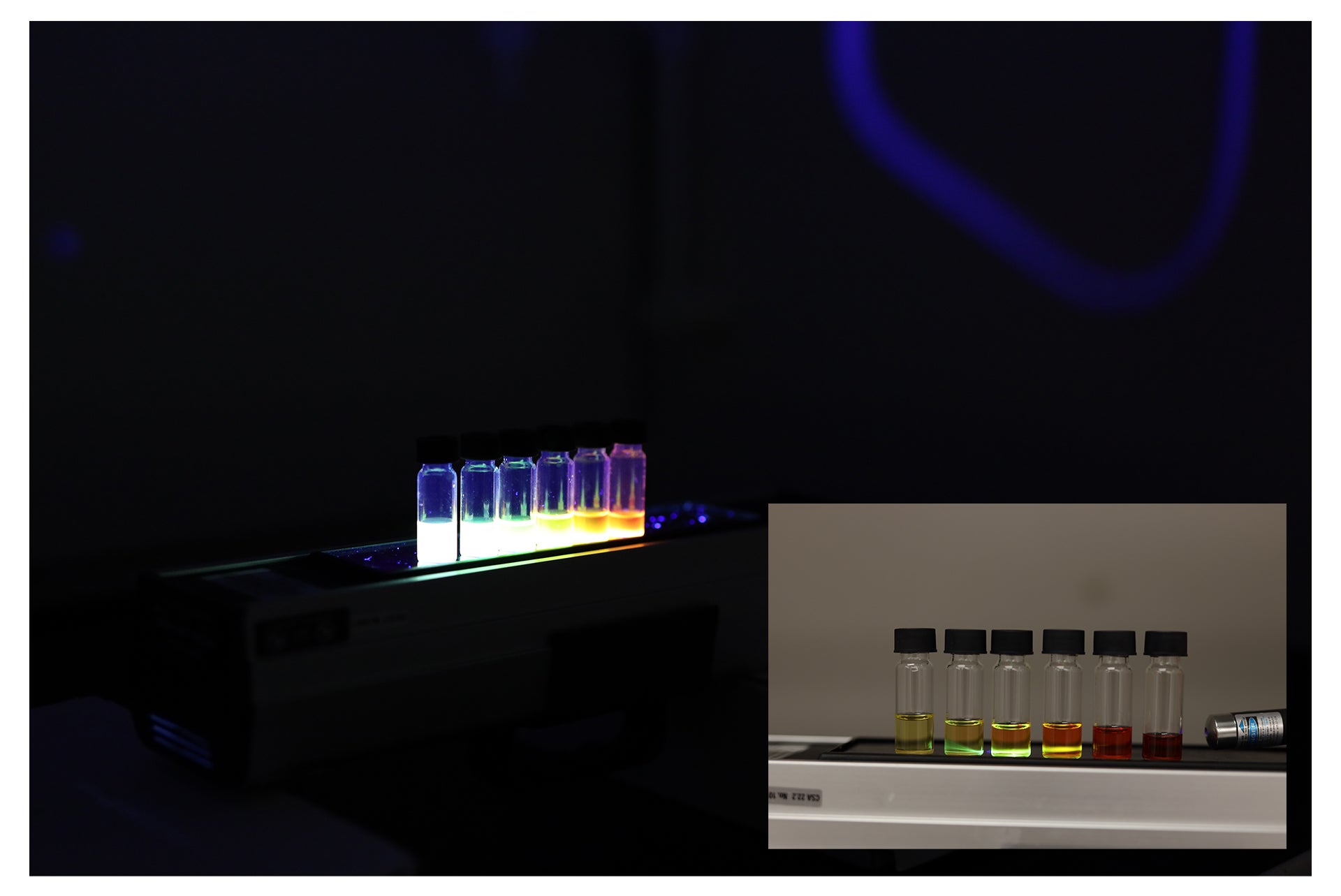 Samples fluorescing different colors in the dark and under natural light.