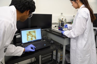 a man and woman in lab coats, the man is looking at a computer screen