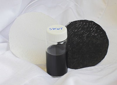 Supercapacitor electrode made from single-walled-carbon-nanotube-coated polyester (on the right).