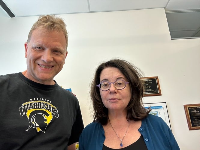 Bryan Koene (left), a former graduate of the Nazar group (PhD '96), at a recent meeting with Linda Nazar (right)