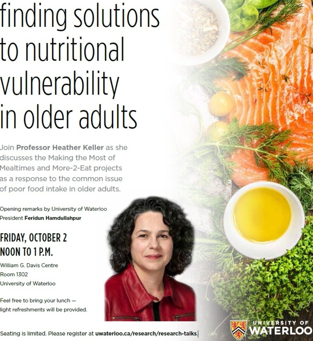 Event poster - photo of Heather Keller, event details listed, and a variety of food on the right side