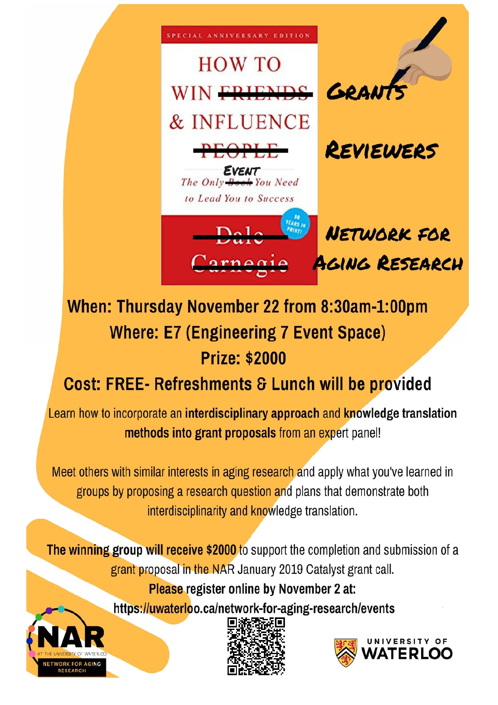 Poster for the event 'how to win grants and influence reviewers', book with title, information about event listed.