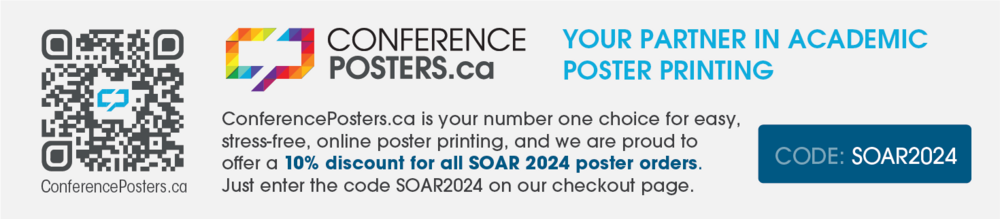 A banner with a QR code. By using the code SOAR2024, you can get 10% of off printing your poster with ConferencePosters.ca