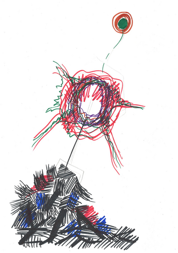 An artwork created by AS - this artwork shows isolation between the head and body, as well as tethering to the ground representing freezing experienced by the patient.