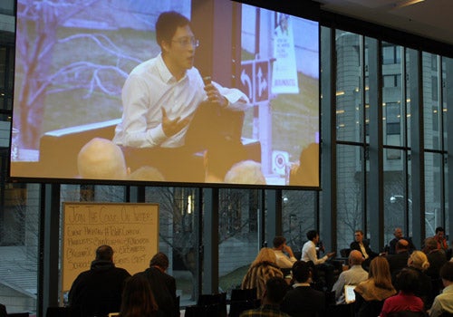 Engineering Professor Alex Wong speaking at panel discussion in Toronto