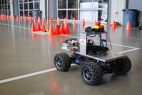 Autonomous robot preparing to tackle pylon course