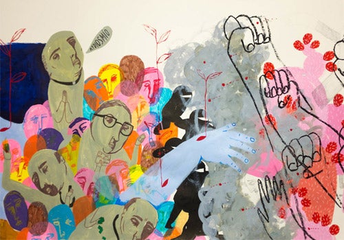 Art piece by Coco Guzman featuring illustrated mens faces alongside reaching fists