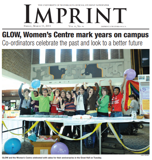 Front page of the Imprint from March 11, 2011 shows volunteers from Glow and the Women's Centre celebrating 40th anniversaries