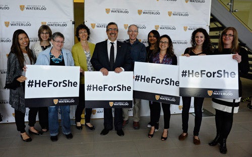 University of Waterloo faculty and staff holding HeForShe signs
