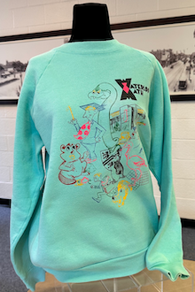 Front view of a teal crew-neck sweater with neon illustrations on the front