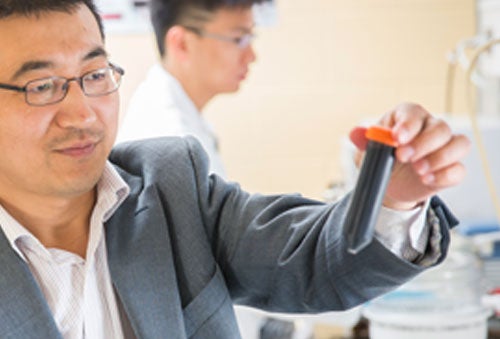 Box Zhao examines a test tube in his lab