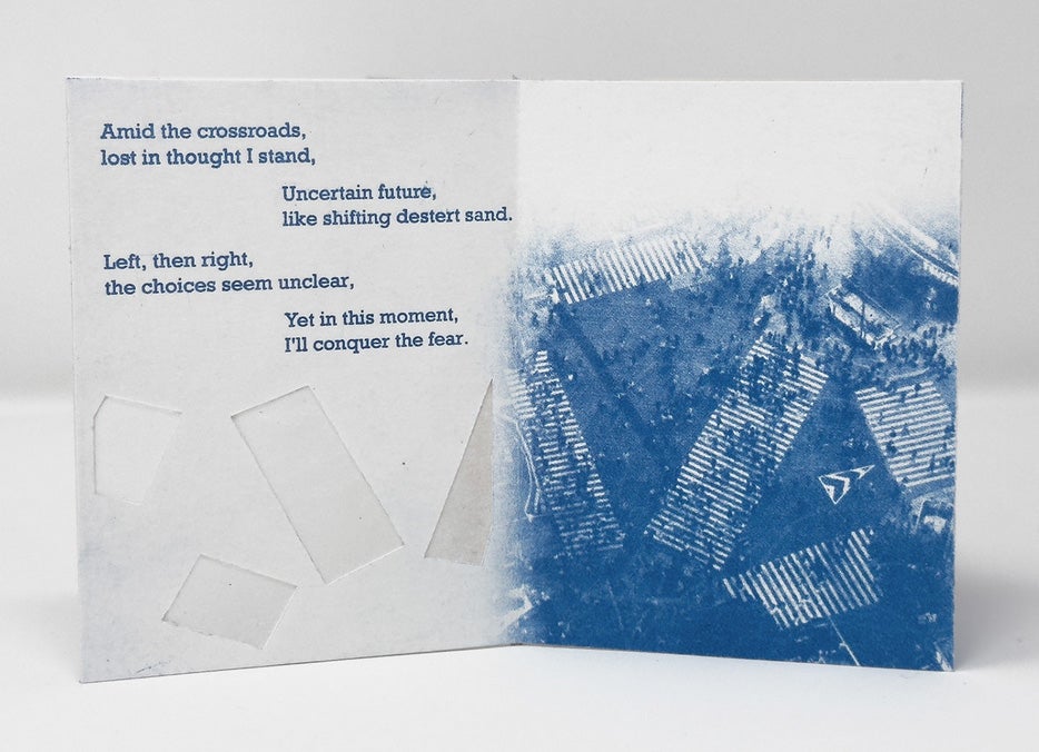 A print of blue texts accompanied by a short poem (words in accompanying text)