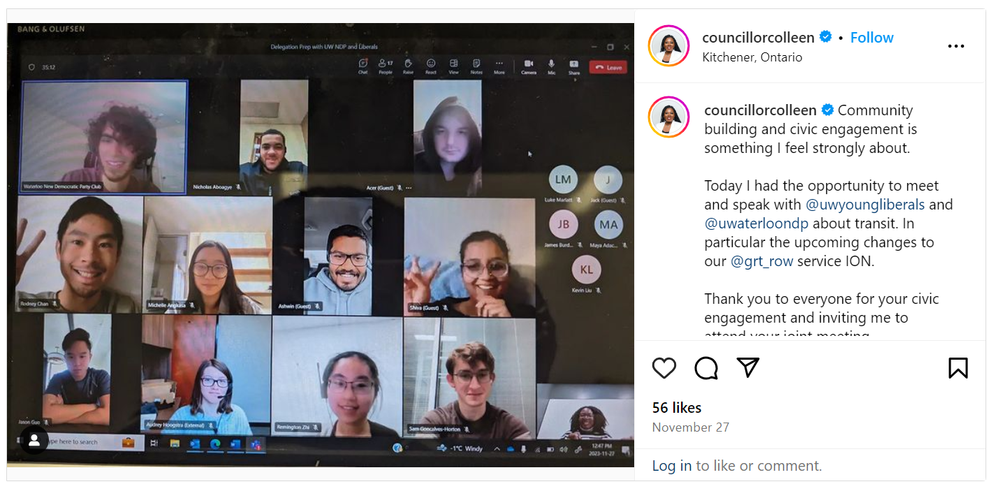 Instagram post of a zoom meeting with students and Councilor Colleen James.