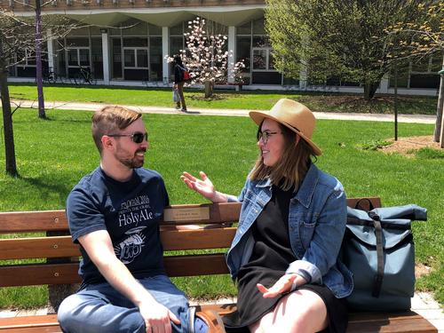 Engineering graduate student Hannah Grateau chats with fourth-year mechanical engineering student Keegan Skoretz.