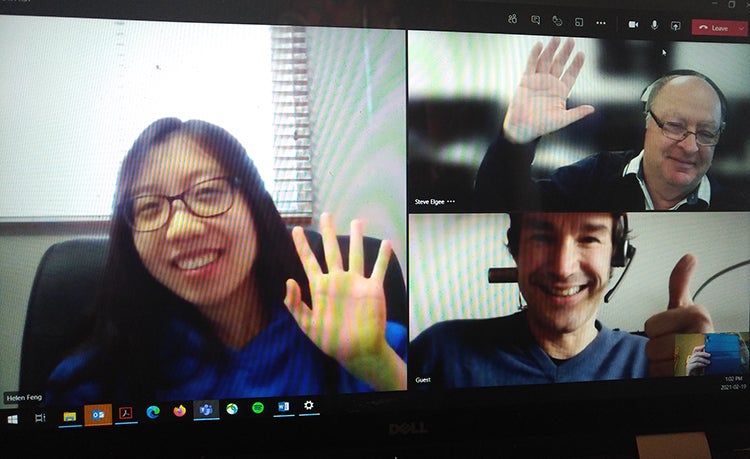 Computer screen showing Helen, Nick and Steve on a video call