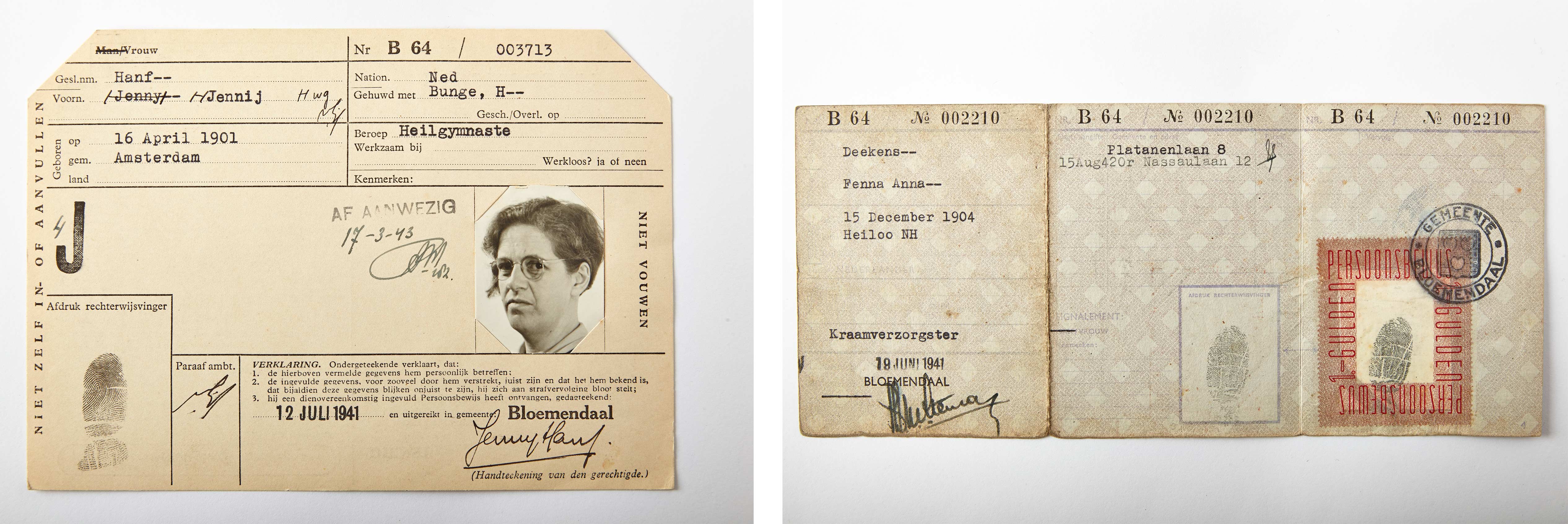 Jenny Hanf's original Jewish registration card (left) and false ID (right).