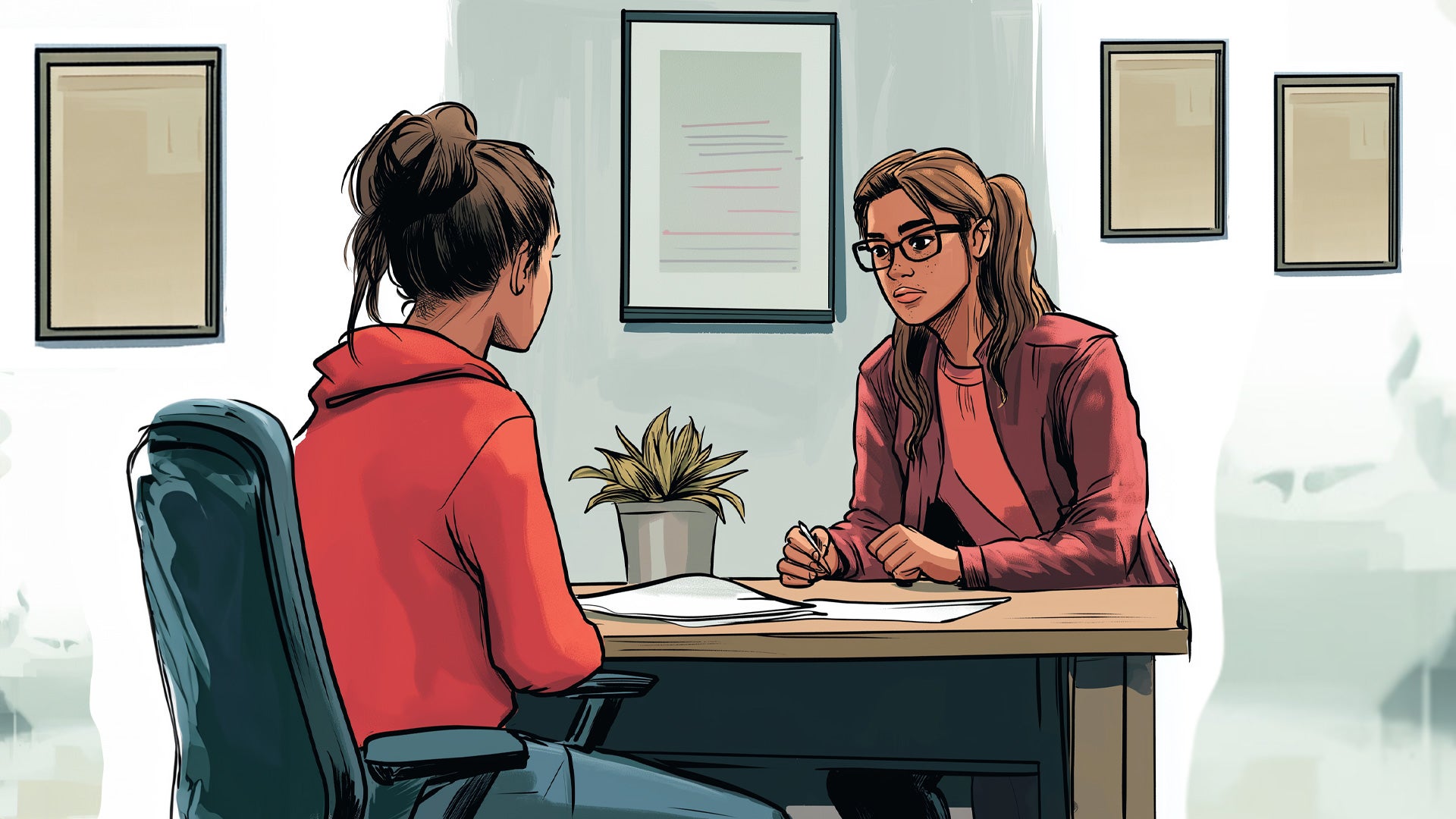 a comic book rendering of a woman counselling a teen