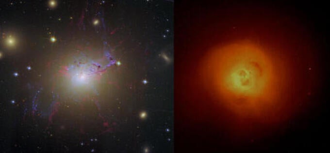 Visible light and x-ray images of the Perseus cluster of galaxies