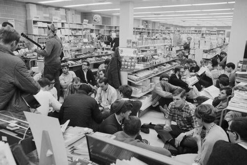 Students fill the bookstore at a sit-in protest, circa 1966