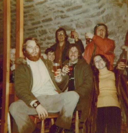 Planning '74 classmates toast each other during a trip to Quebec