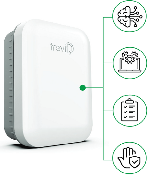 Trevii device with icons of a hand, check-mark, clipboard, computer and brain