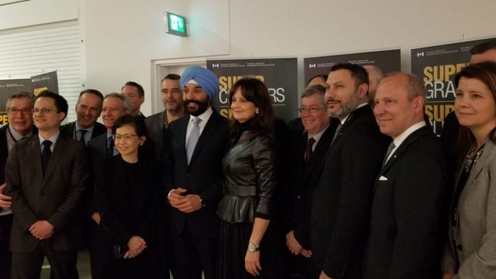Navdeep Bains, Dean Pearl Sullivan and members of SCALE.AI at supercluster announcement