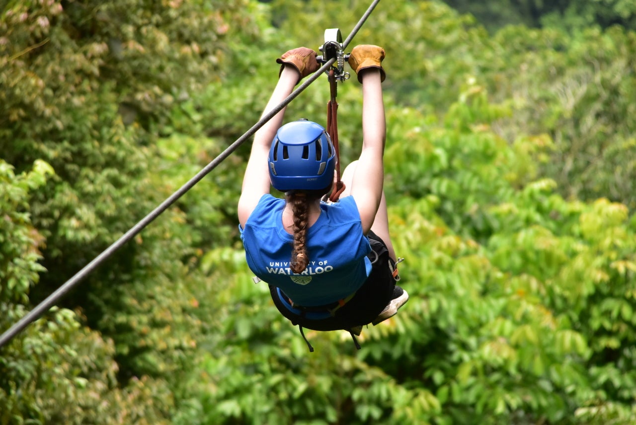 Sydney zip lining above trees in a rainforest.