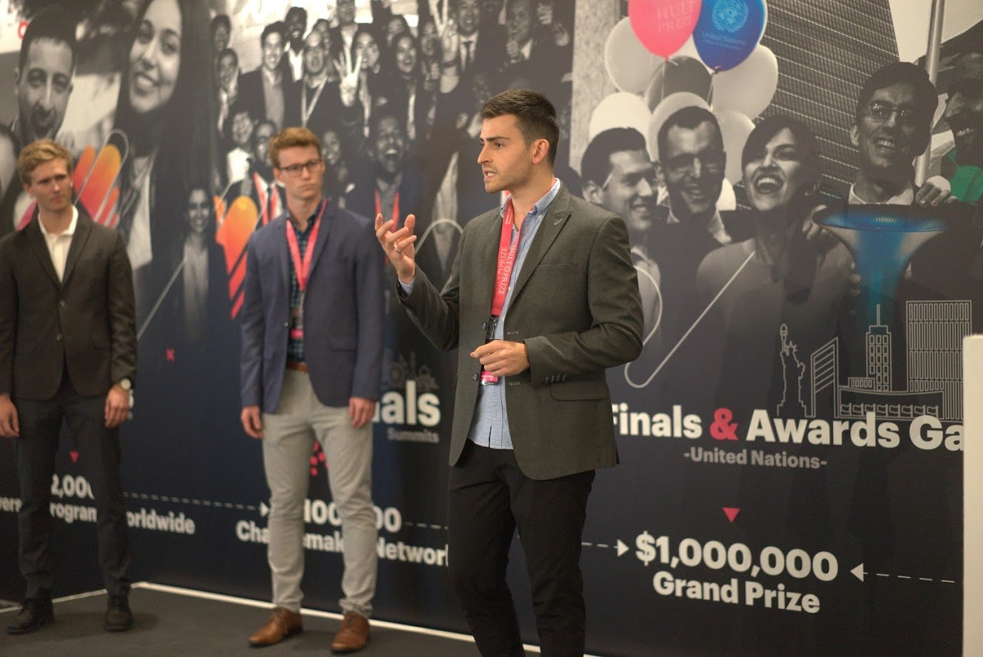 Rareș Topor-Gosman, pitches Team Phonic at the English castle Hult Prize accelerator supported by Mitchell Catoen, and David Ferris.