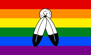 A rainbow flag with two feathers in the centre