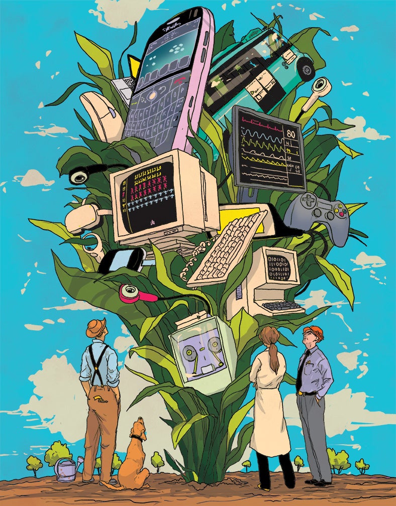 Illustration of technology such as cellphones and computers growing from leaves
