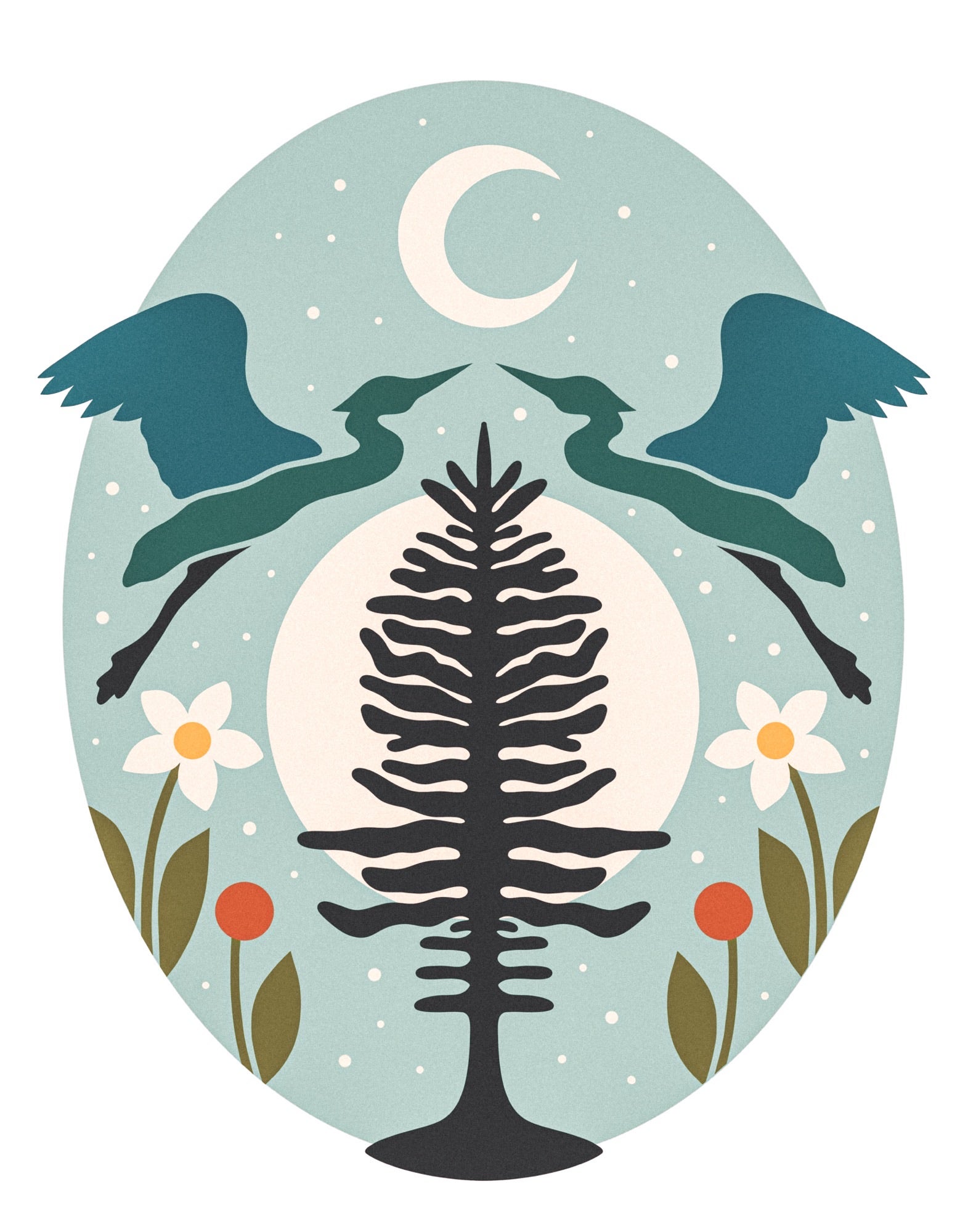 The design itself featuring two herons, a tree, on a teal background
