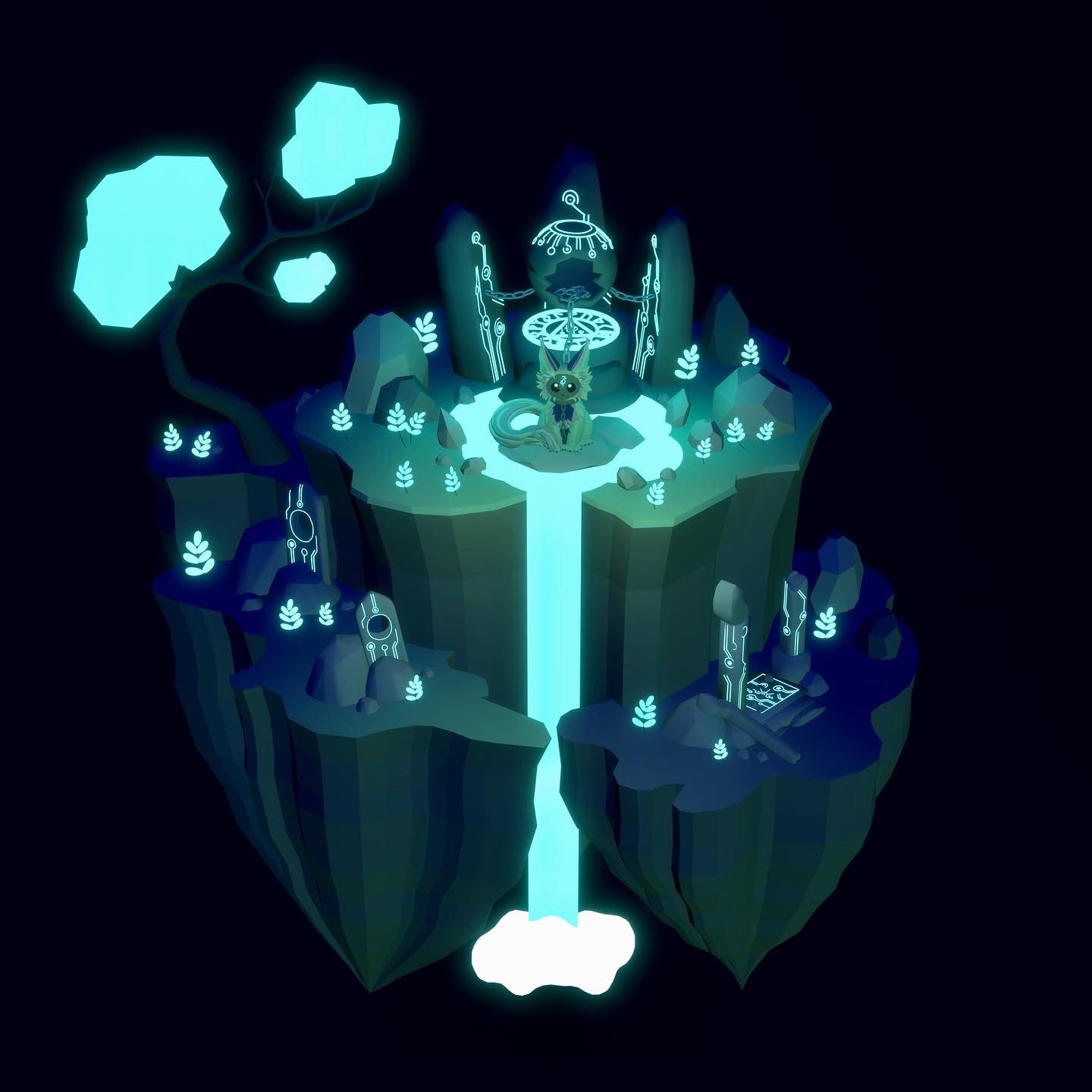 Digital illustration of a small creature sitting at the top of a glowing waterfall on a floating cliff