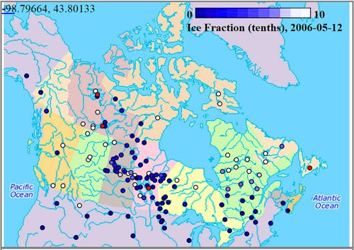 Map indicating lake ice levels in Canada