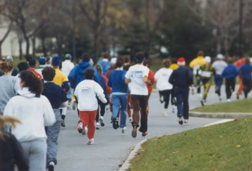 Shot of participants from the back as they run