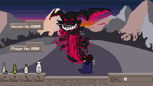 Video game screenshot of a hero facing a large monster with bottles of alcohol next to it