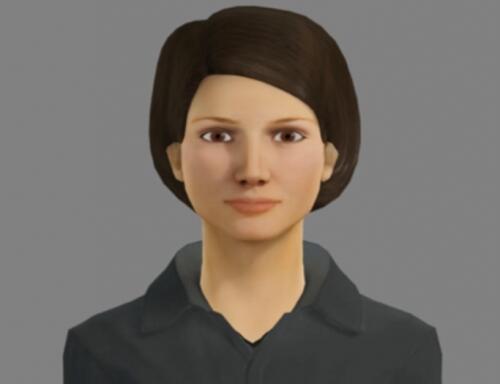 Image of AI head, a computerized woman with brown hair and eyes wearing a collared shirt