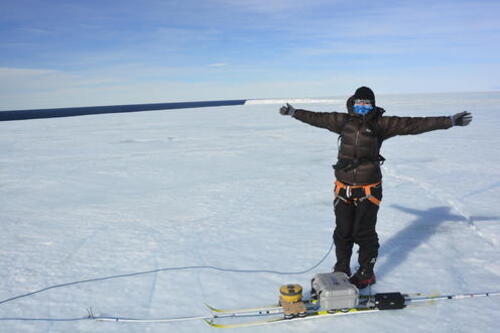 Christine Dow fighting the strong winds on Nansen Ice Shelf, East Antarctica