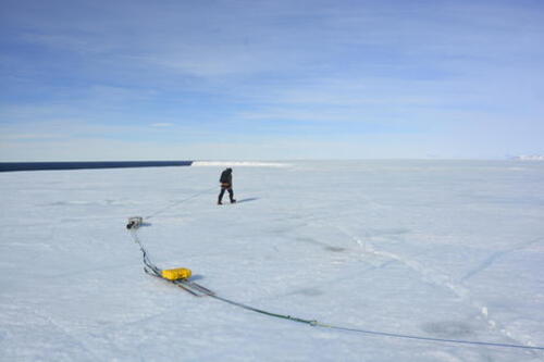 Christine Dow pulls a radar measuring the ice thickness on Nansen Ice Shelf, East Antarctica.