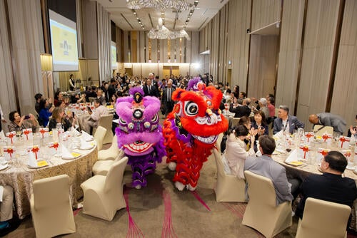 Lion dancers among the dinner tables