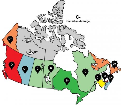 map of Canada showing letter grades for Yukon and provinces