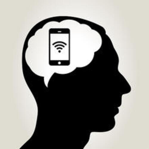 An illustration of a silhouetted head with a smartphone placed over the area of a brain.
