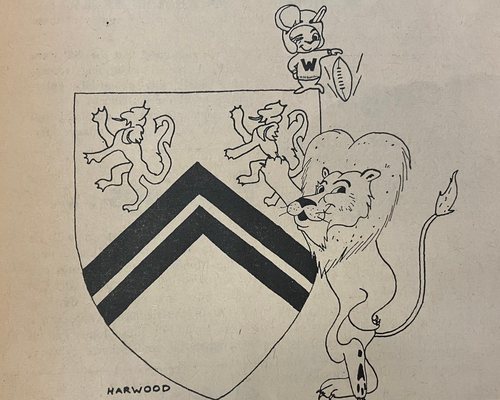 Cartoon of lion and mouse in front of Waterloo crest