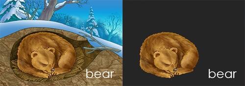Illustrations of a bear, shown against a blank background and against an illutrated background