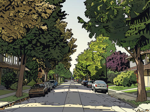 a comic book rendering of a tree lined street