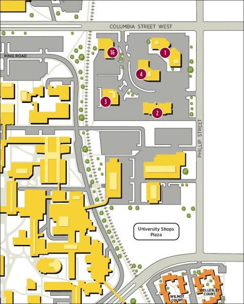 A map of the north-east corner of the University of Waterloo South Campus